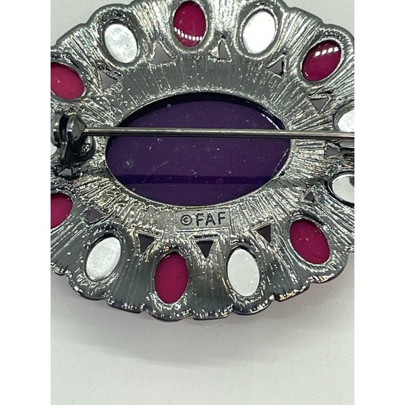 Vintage Signed FAF Silver Tone Pink Purple Rhinestone Oval Brooch - Picture 6 of 6